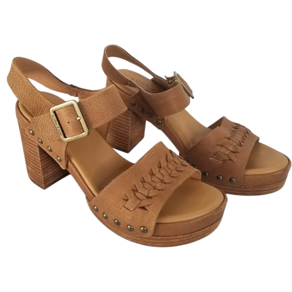 Kork-Ease Passilla Block Heel Platform Leather Sandals Size 7 Tan Studded